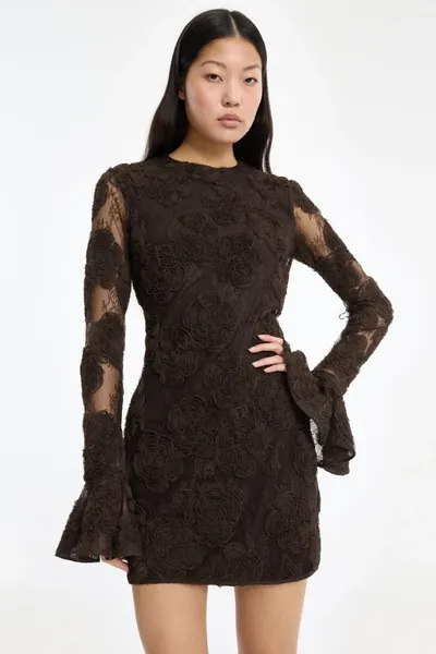 ROTATE 3D FLOWER MINI DRESS brown