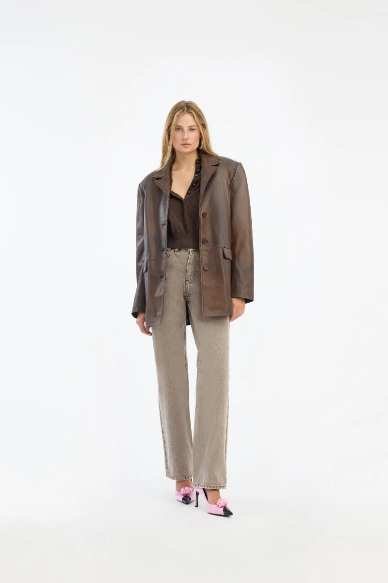 Oversized Leather Blazer dark brown