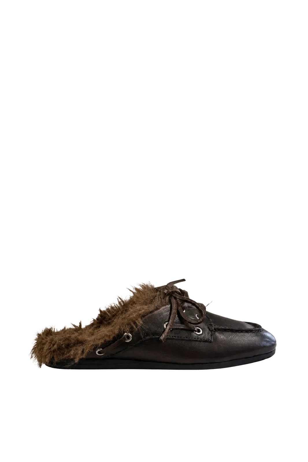 Boat Loafer Mule Hairy Fur Soft Leather in Coffee