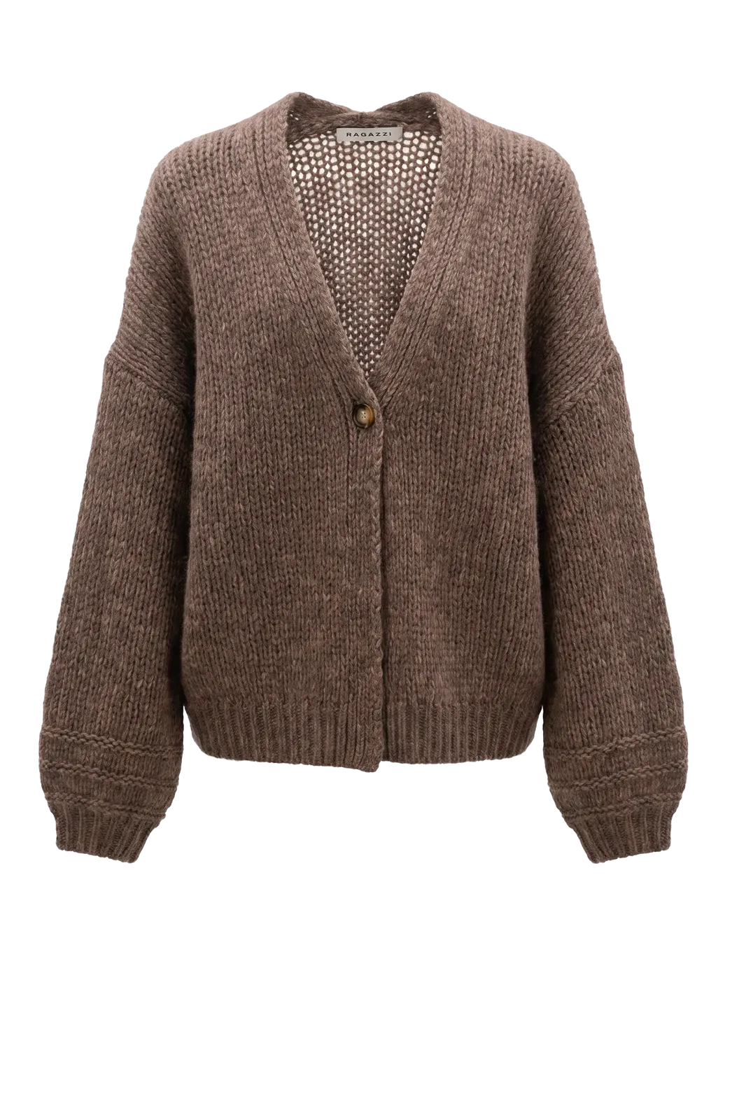 Cardigan V-Neck Ballon Sleeve in Dark Natural